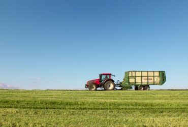 This image features a serene agricultural landscape with a red tractor pulling a green trailer, set against a backdrop of a clear blue sky. The lush green field stretches across the scene, indicating a well-maintained and productive farm environment. The tractor and trailer appear to be engaged in typical farming activities, such as transporting or collecting crops. The composition, with the tractor positioned slightly off-center and a vast open sky above, emphasizes the scale of the land and the simplicity of rural life. The soft, natural lighting enhances the overall tranquil and picturesque quality of the image.